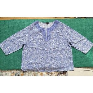 Vintage Carole Little Blouse Women XL 1X Linen Rayon Pullover Blue White Paisley